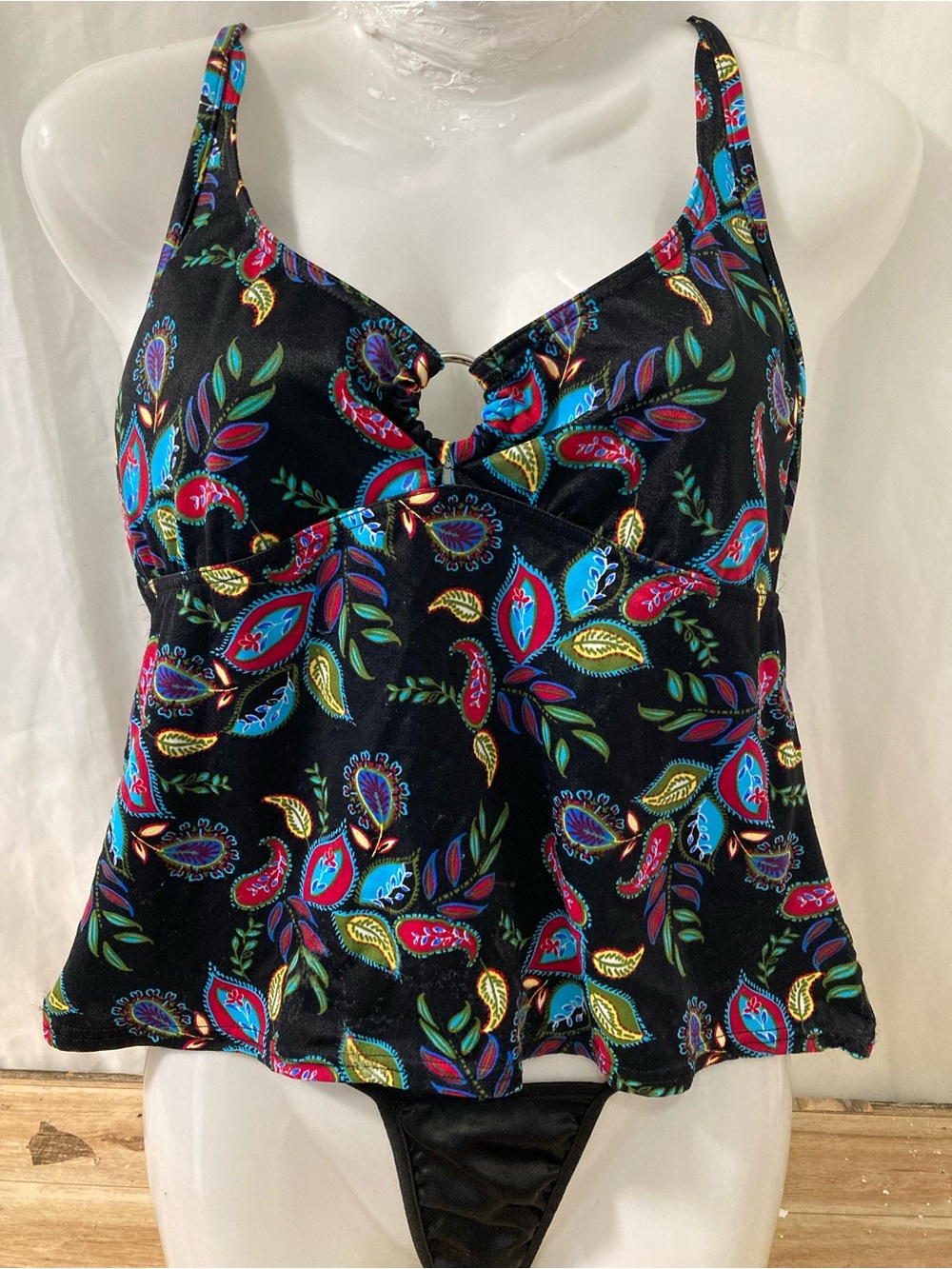 Baltex Paisley Tankini Swimsuit Size 12 Tummy Control Halter Black